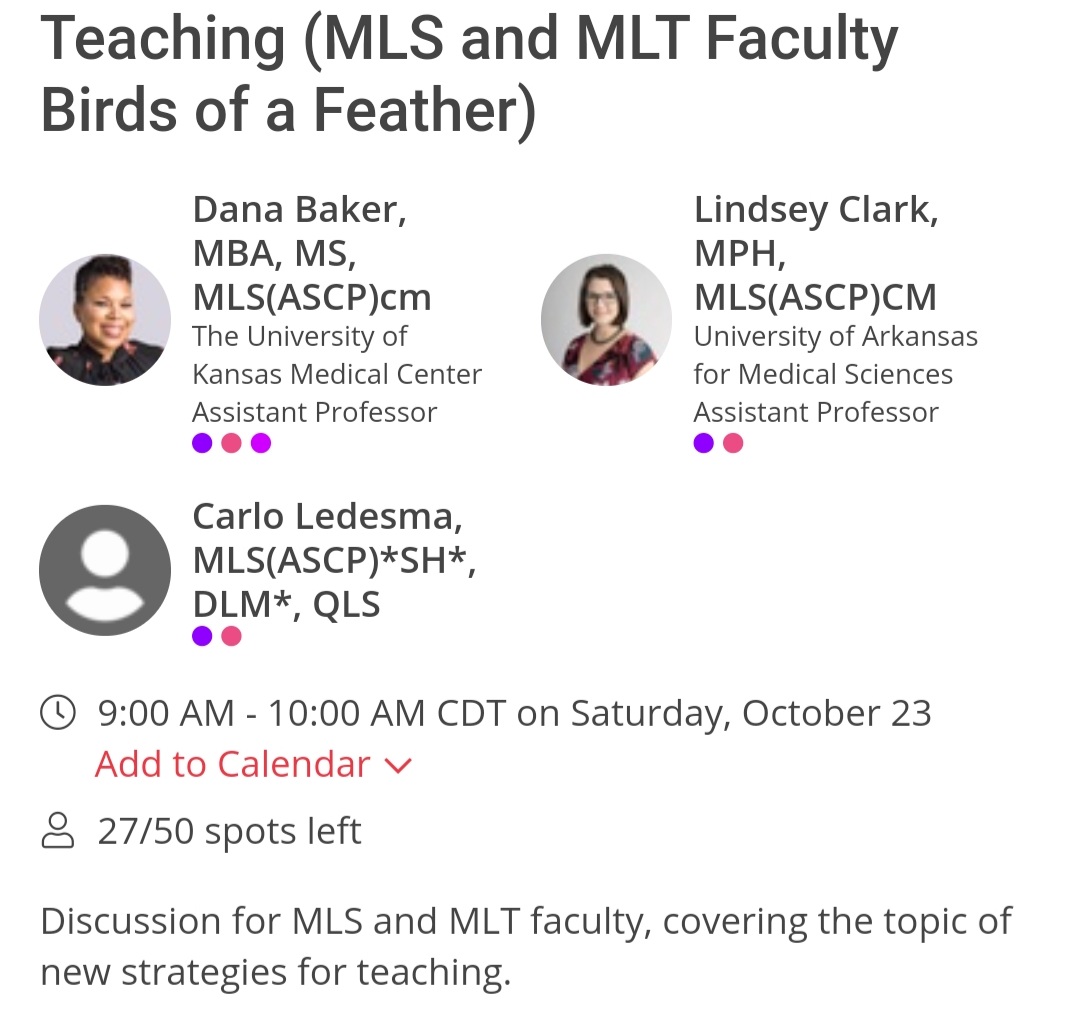 LindseyintheLab's tweet photo. If you're attending the 2021 ASCP Annual Meeting, we would love for you to join us for a discussion among MLT &amp; MLS educators. Happening this Saturday, 10/23/21, from 9-10am CST as part of the Path to Boston series. Hope to see you there!
#ASCP2021 #Lab4Life #Labucate https://t.co/Qi87PAjWY3