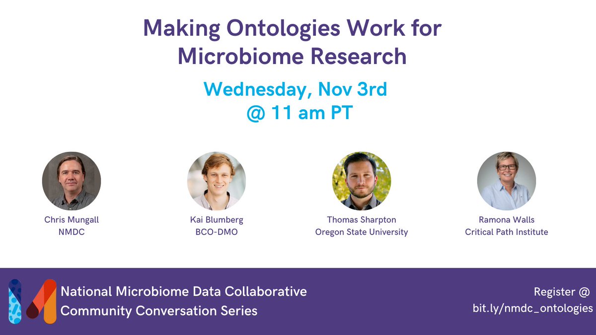 MicrobiomeData's tweet photo. Register for our next #CommunityConverstations happening on Wednesday, November 3rd. 
@chrismungall will be moderating an expert panel on how to make #ontologies work for #microbiomes! 

Register➡️ https://t.co/eTrjlgRYii 

@BerkeleyLab @jgi @DOEKBase https://t.co/tESgwrsGIm