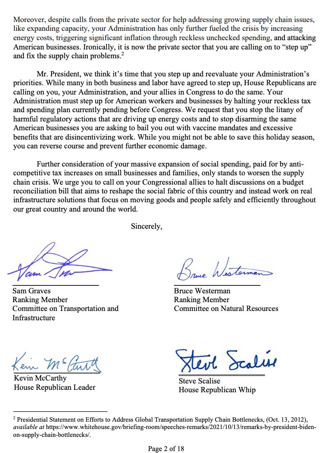 SpeakerMcCarthy's tweet image. Mr. President, it’s time for you to reevaluate your priorities.

We must address our supply chain and ports crisis before Congress considers any additional social spending and taxation legislation.

Read Republicans' full letter to President Biden here: