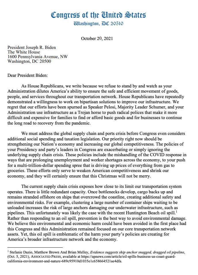 SpeakerMcCarthy's tweet image. Mr. President, it’s time for you to reevaluate your priorities.

We must address our supply chain and ports crisis before Congress considers any additional social spending and taxation legislation.

Read Republicans' full letter to President Biden here: