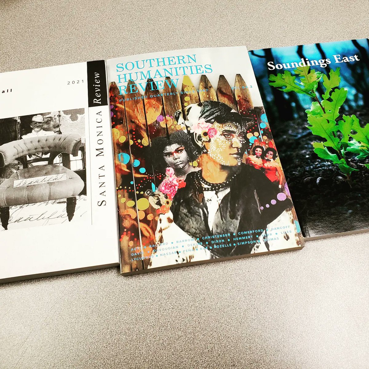 MissReviewMag's tweet photo. Another batch of impressive lit mags received in the mail, with poems by USM's own David Greenspan and Mary Leauna Christensen! #santamonicareview #soundingseast #southernhumanitiesreview #poetsrepresent #universityofsouthernmississippi https://t.co/YMxSAP7zsZ