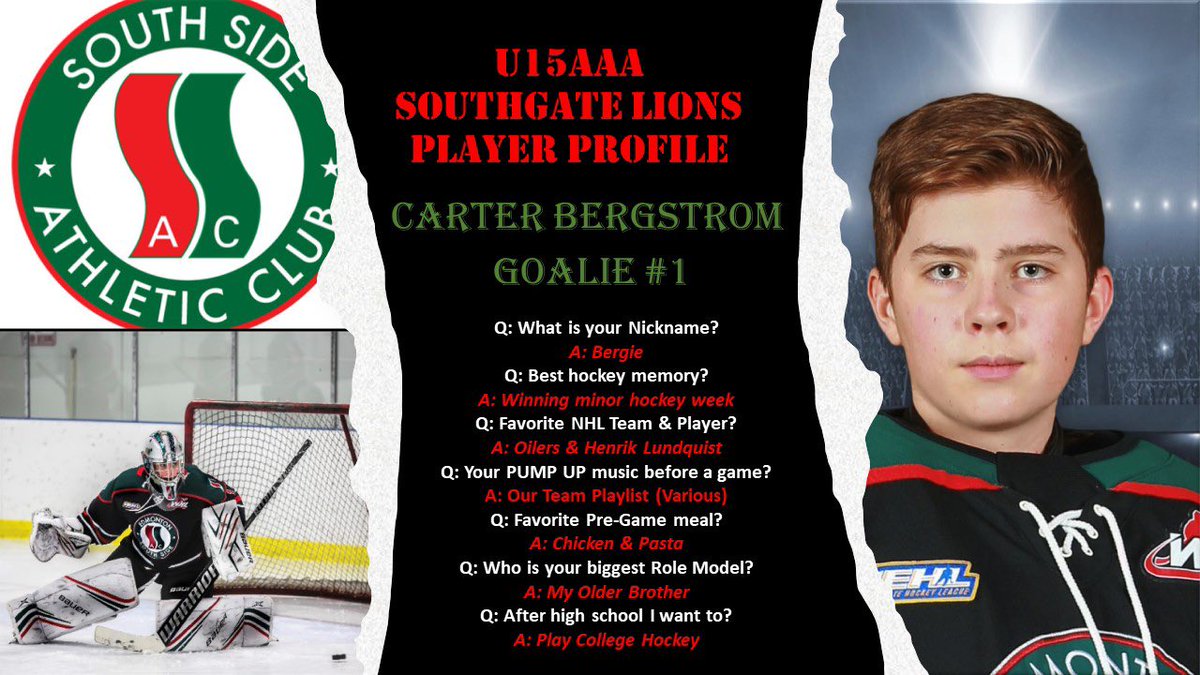SSAC_U15AAA's tweet photo. 🚨 Meet our U15AAA Team 🚨                                 First up is our Goalie “Bergie” #SouthgateLions #SSACFamily ⚫️🔴🟢 #AEHL @SSACHockey https://t.co/S886k5E7js