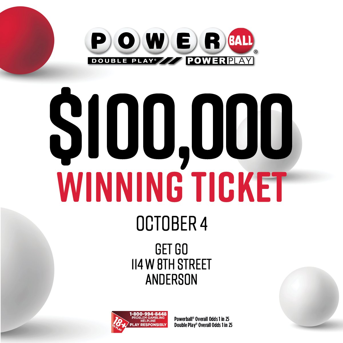 Congrats winner! One Hoosier Lottery player won $100,000 in the Monday, October 4th Powerball drawing. The winning ticket was purchased at GetGo located at 114 W. 8th Street in Anderson. For more information on wins, head to our site: https://t.co/Ap08QRa71T https://t.co/IqjsjEvkLB