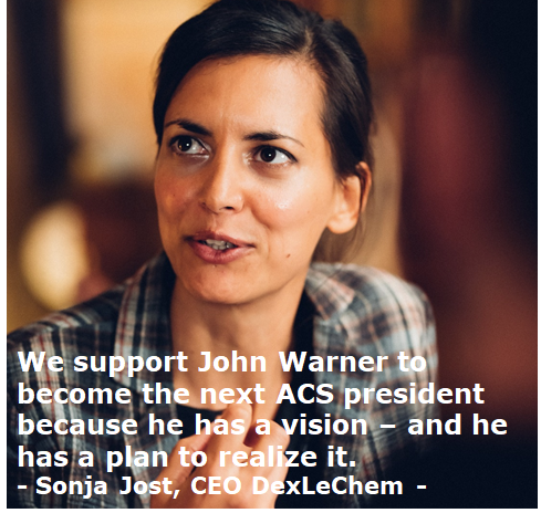 SonjaJost's tweet photo. As an engineer, I am convinced that the theme of @JohnWarnerOrg for his @AmerChemSociety presidency to “Broadening the chemistry community” if elected, is fundamentally important to solve major problems on our planet #JohnWarnerForPresident VOTE until 10/22 #GreenChemistry #NCW https://t.co/bDV7RkMlqt