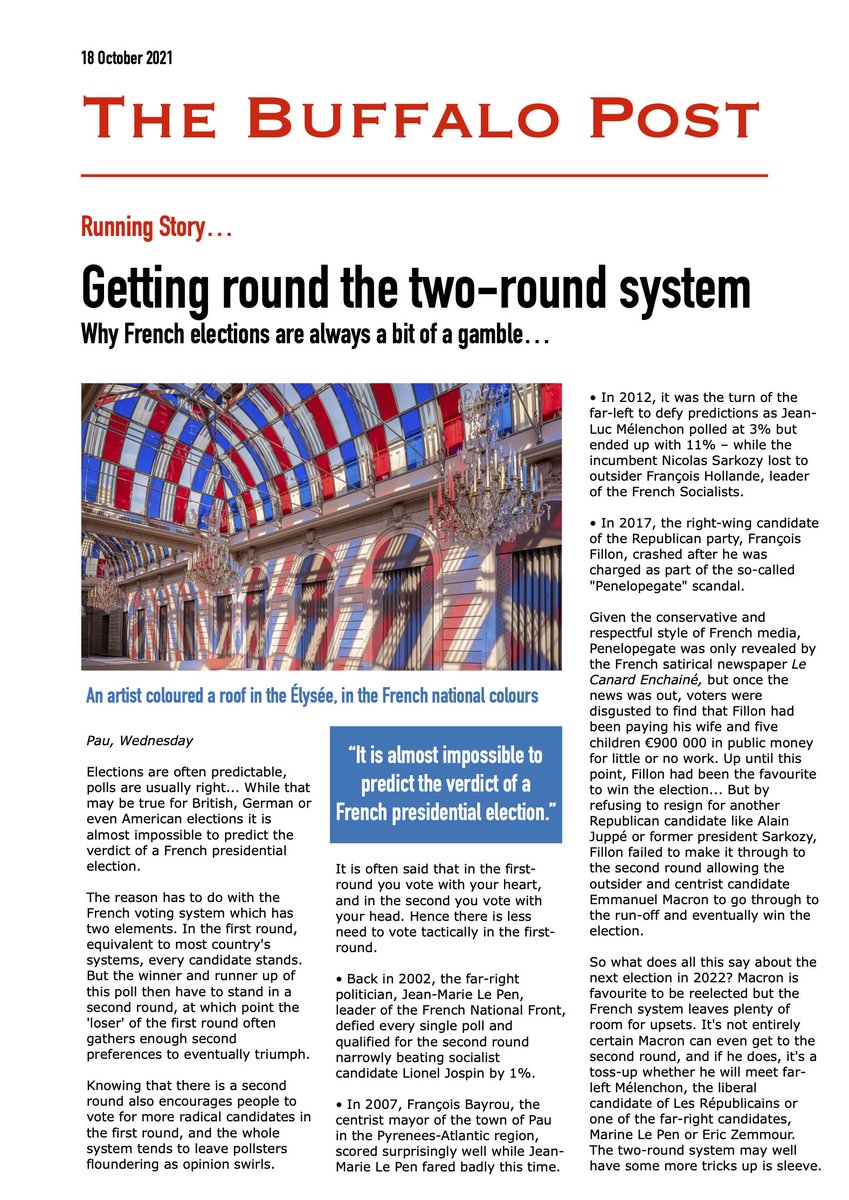 TheBuffPo's tweet photo. 📨Why the upcoming French election - and more generally every French election since 2002 are almost impossible to predict!.. 😐
Article from the 18 October 2021 edition of the Buffalo Post.
#News #FR #France #Election2022 #Presidentielles2022 https://t.co/KYQgTmsrhj