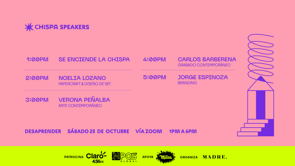 chispafest's tweet photo. Te compartimos nuestra agenda de este sábado 23 de octubre. Será un evento lleno de inspiración con las 4 charlas magistrales a cargo de nuestros #chispaspeakers. ¿Ya te inscribiste?
Inscripciones en nuestro sitio web: https://t.co/iN1qz5ar7n ⚡️
#chispavirtual #chispafest https://t.co/hInnfC8K9s