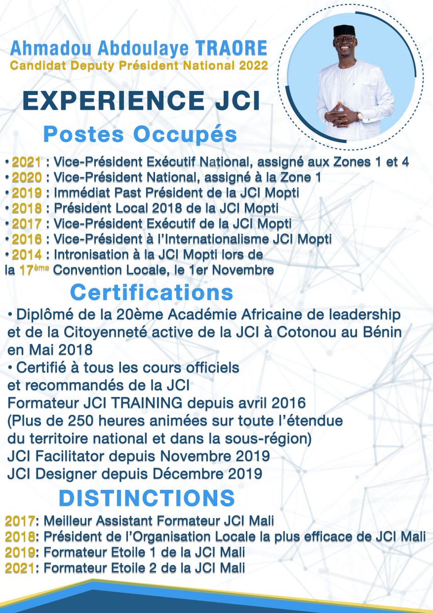 JCIMopti's tweet photo. #ConventionNationale2021
Nous vous présentons le parcours Jeune Chambre de notre candidat, Ahmadou Abdoulaye Traoré dit F16, au poste de Deputy Président national 2022.
#JCIMopti #JCIMali #WeAreJCI https://t.co/Mus4SQw6Ch