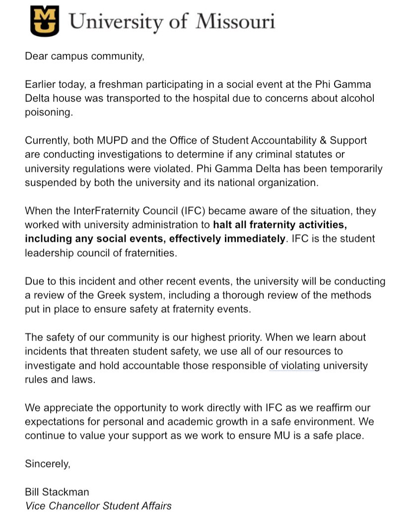 In light of recent events, IFC voted unanimously to support the university’s decision to cease chapter operations. This is a serious situation, and we need to meet it with serious action. Nothing is more important than the safety of the Mizzou community.