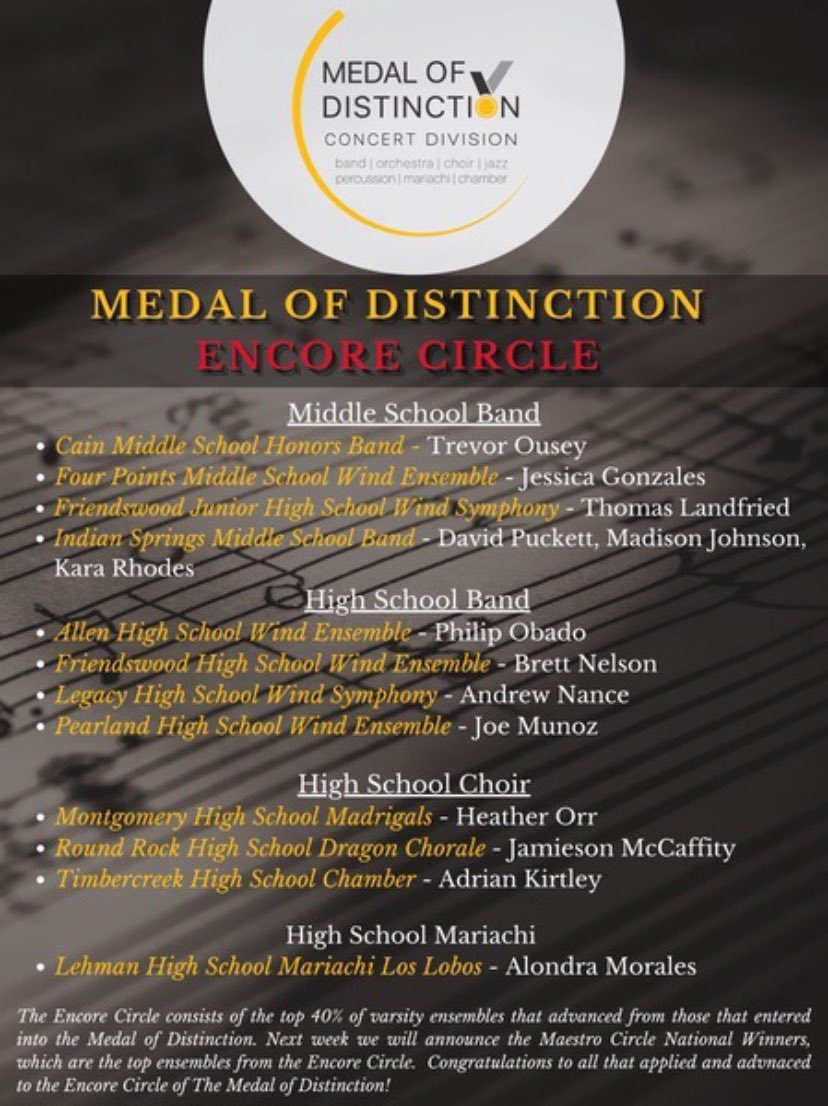 BroncoBandLHS's tweet photo. Congratulations to the Legacy High School Band. For receiving a medal of distinction for the concert season!!!!! https://t.co/UyPlf3q5hg