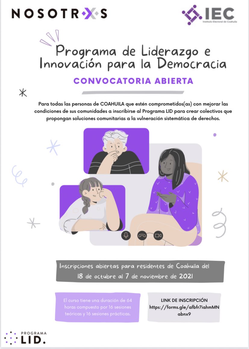IECoahuila's tweet photo. El @IECoahuila y @NosotrxsMX te invitan a participar en el Programa de Liderazgo e Innovación para la Democracia. Checa la convocatoria aquí 👇🏼 #ProgramaLID #Coahuila https://t.co/U28c8PLq6y