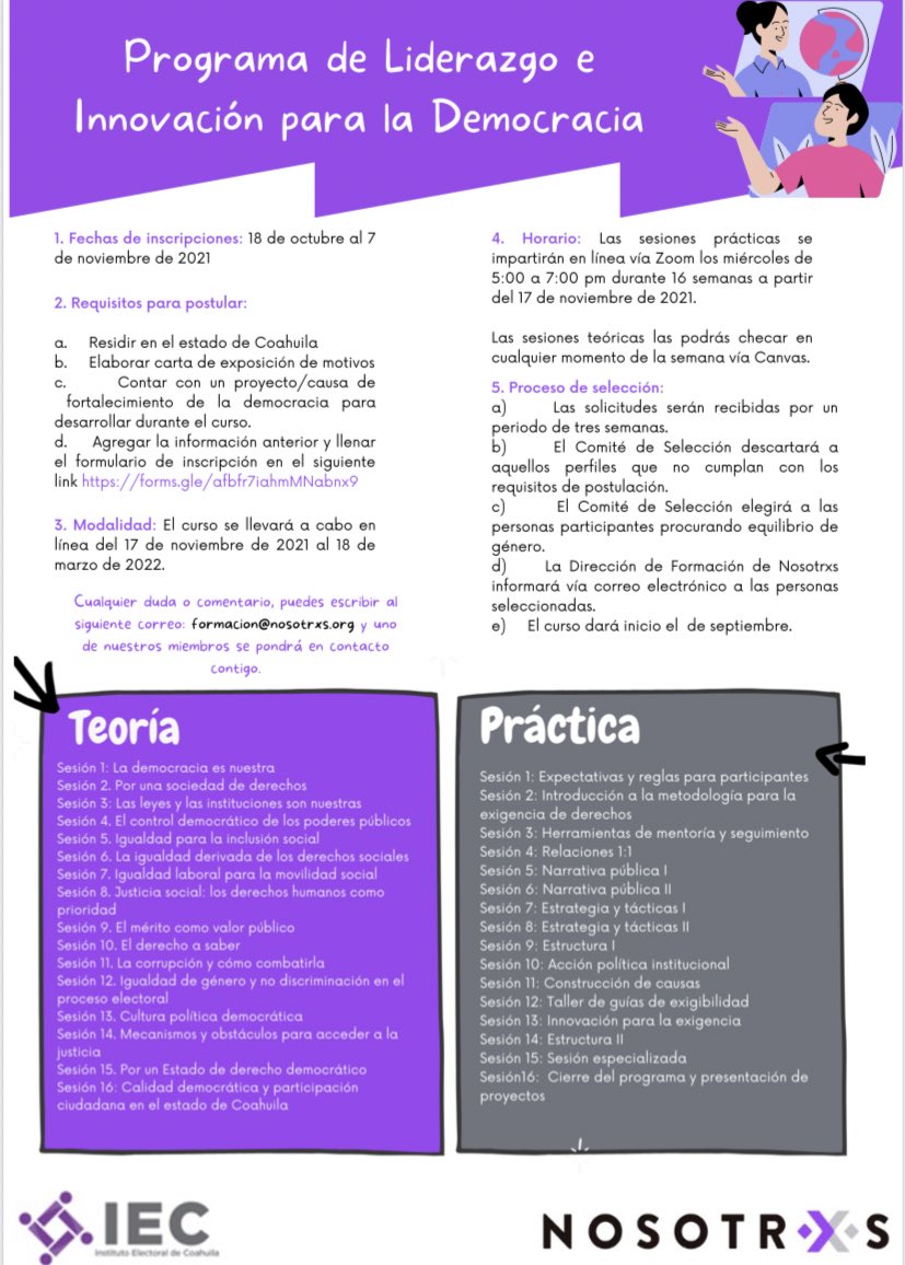 IECoahuila's tweet photo. El @IECoahuila y @NosotrxsMX te invitan a participar en el Programa de Liderazgo e Innovación para la Democracia. Checa la convocatoria aquí 👇🏼 #ProgramaLID #Coahuila https://t.co/U28c8PLq6y