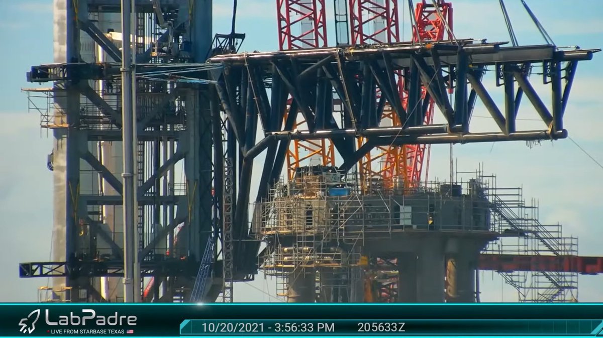RussellAbramsF's tweet photo. Earlier today the "chopstick part" was installed on the Orbital Launch Tower. This part will help "catch" the Super-Heavy Booster with its mechanical arms. 

#NASA #ElonMusk #SpaceX #RussellAbrams https://t.co/OWVP0DNdER
