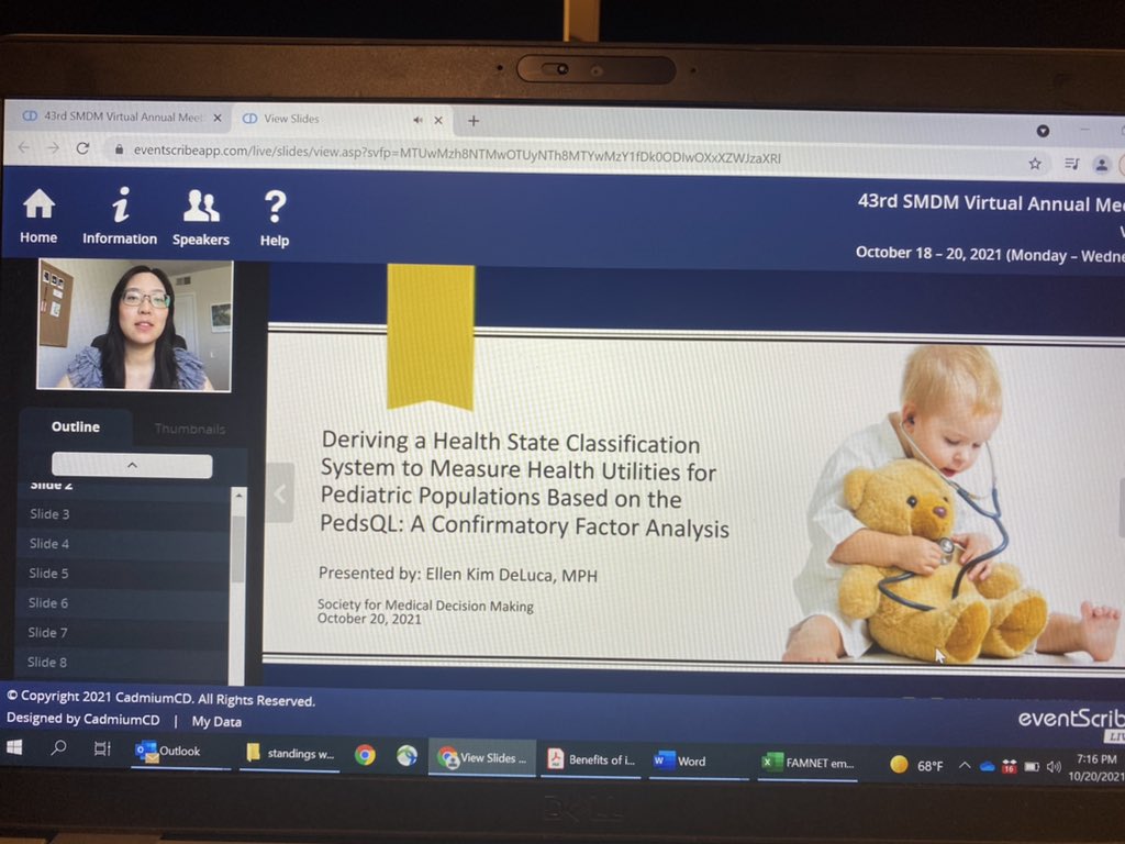 laprosser's tweet photo. Congratulations to Ellen Kim Deluca on winning the #SMDM21 Lee Lusted/ Anne Stiggelbout Award for her dissertation research developing the PedsUtil!!! @MichiganHMP @umichsph @UMchear  @socmdm 👏🏻🎉 https://t.co/gsJa42IYZF