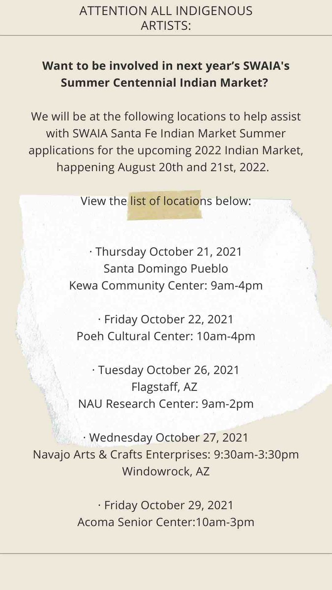 SWAIA's tweet photo. Attention All Indigenous Artists- Please Read Carefully
Want to be involved in next years SWAIA Centennial Indian Market?
#SupportNativeAmericanArts #Artwork #Art #IndigenousArt #SFIM2022 #ArtMarket #SantaFe #2022SantaFeIndianMarketEvent #SantaFeIndianMarket #2022SFIM #SFIM22 https://t.co/p9xsXaVHo1