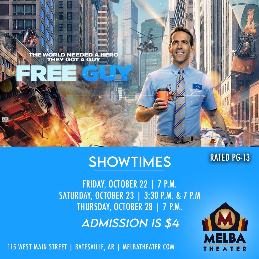 MelbaTheater's tweet photo. Life’s too short to be a background character. ⚡️#FreeGuy will be at the historic Melba Theater this weekend. | Admission is $4.  
•
#PawPatrol will show on Thursday, October 21 at 6:30 p.m. https://t.co/GMhscaN5sy