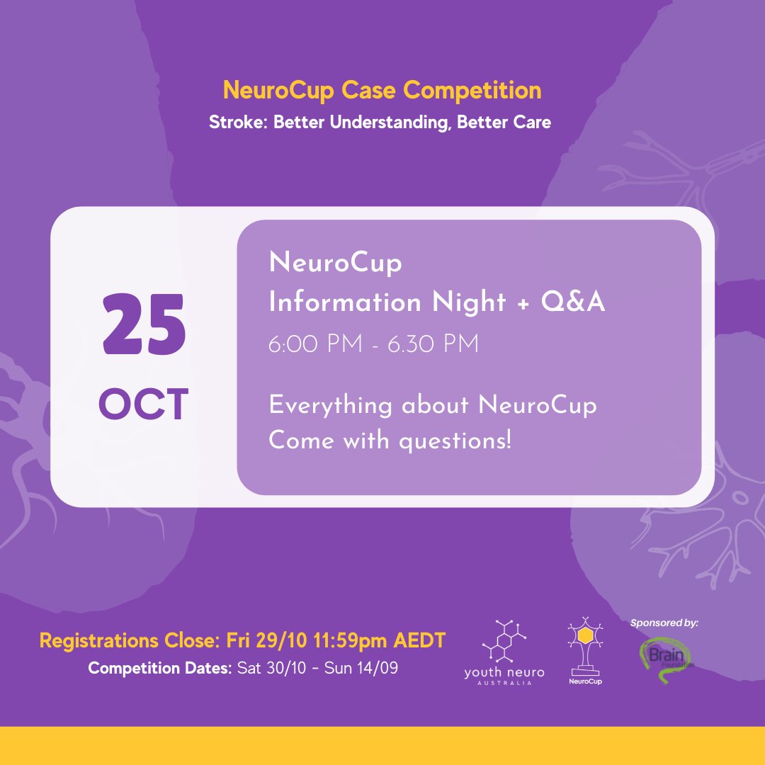 Want to win from a $1500 PRIZE POOL? Want to gain some scientific research skills? Come to our online case competition, NeuroCup!

There will be an information night on Monday 25/10 at 6:00-6:30PM! Register for the information night and case competition at yna.org.au/neurocup