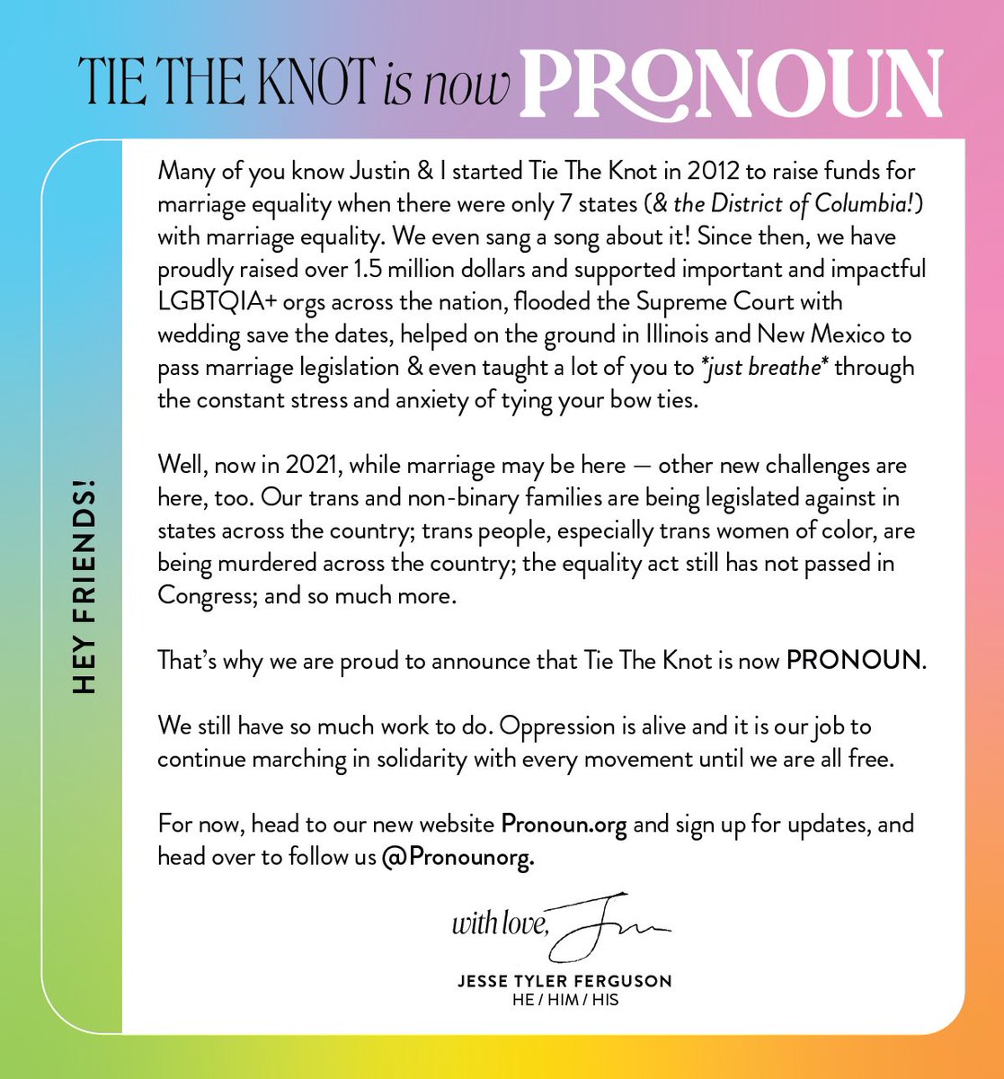 Happy international pronouns day. My equality org Tie The Knot is now <a href="/PronounOrg/">Tie The Knot is now PRONOUN</a>. Go give a follow!
