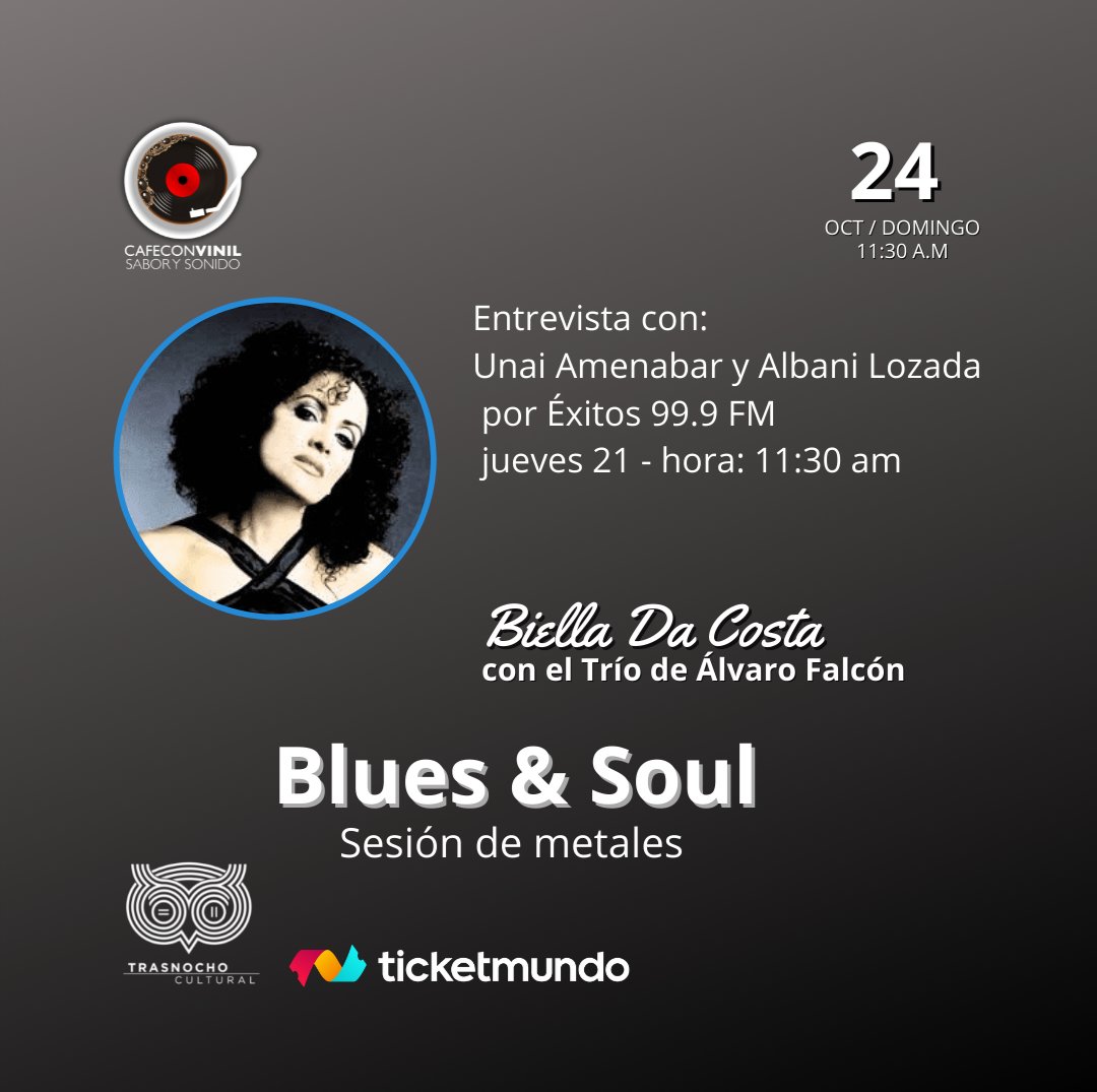 cafeconvinil's tweet photo. Este #Jueves 21 con 
Unai Amenabar y Albani Lozada,  desde las 11:30 AM por Éxitos 99.9 FM 

#Conversaremos con Manuel Bompart - Director de Caféconvinil  y Biella Da Costa
Tema: Blues &amp; Soul con Sesión de metales
@cafeconvinil @trasnochocult https://t.co/rRkQafrMg8