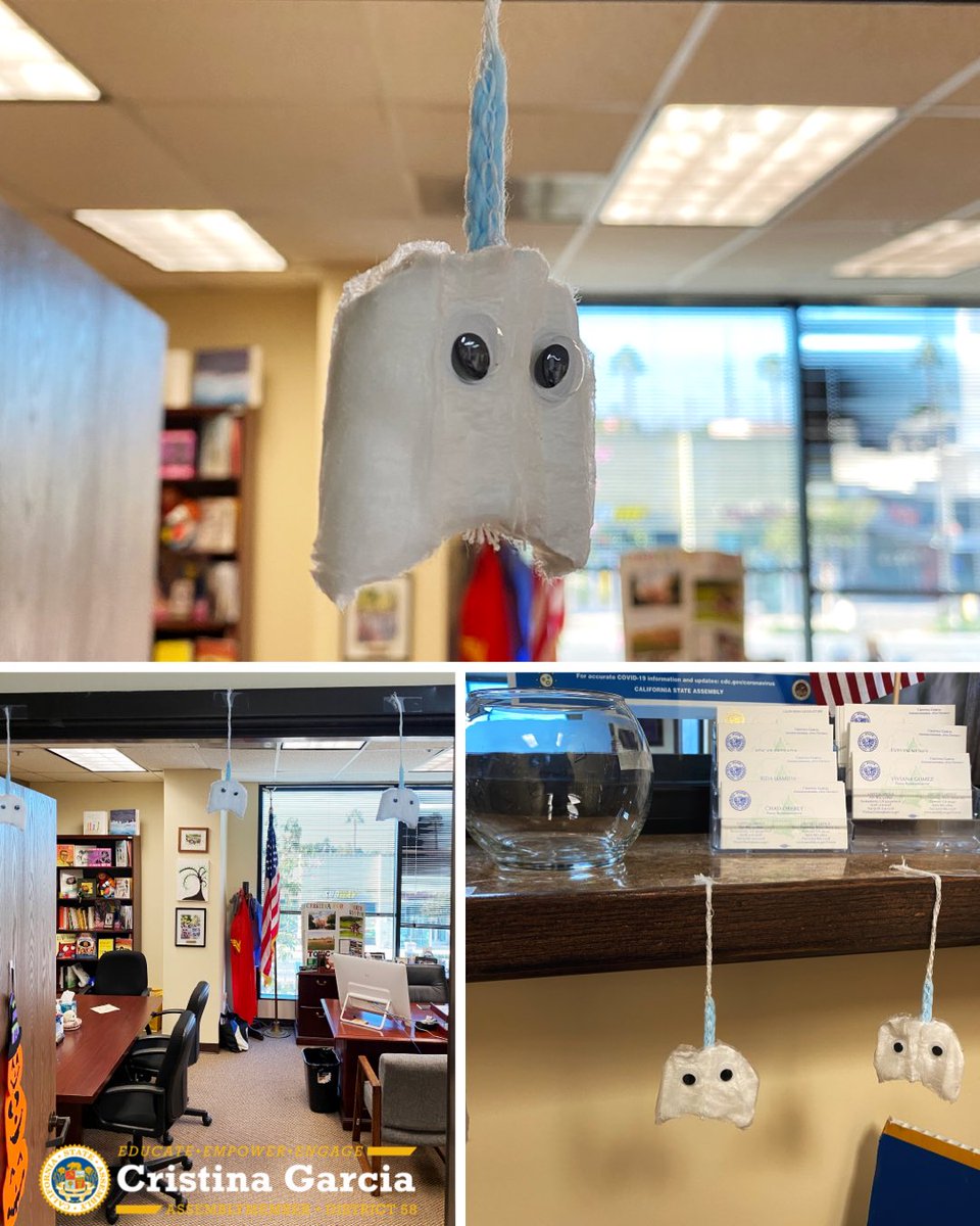 AsmGarcia's tweet photo. Have a spooktacular October 🎃. We made some Halloween 👻 decorations out of tampons for our office. While I don’t encourage everyone to use these vital products to decorate, I thought it was fitting after passing the Menstrual Equity Act this year. #PeriodPrincess. https://t.co/GNqO8DBLob