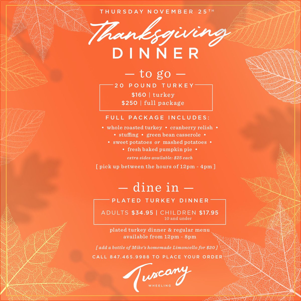 TuscanyWheeling's tweet photo. Thanksgiving is right around the corner🦃, and it’s never too early to start making plans! We will have dine-in and to-go thanksgiving dinners at Tuscany Wheeling. Book your’s now!

(Call 847.465.9988) https://t.co/0XDsUuCQXZ
