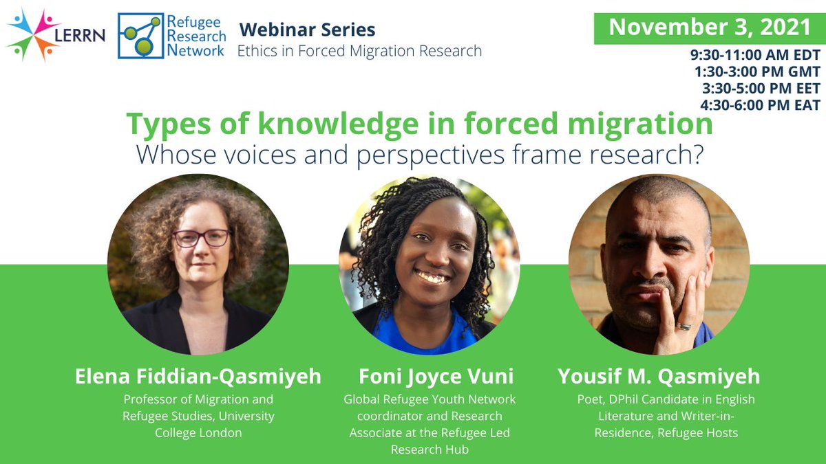 LERRN (@lerrning) on Twitter photo Join us for the 1st webinar in the @lerrning - <a href="/RefugeeResearch/">RRN</a> series on Ethics in Forced Migration Research.
🗓️ 3 November 2021 @ 9:30am Eastern
Same great speakers... Better date!
Free, but registration required: carleton.ca/lerrn/cu-event…
<a href="/FiddianQasmiyeh/">Elena Fiddian-Qasmiyeh</a> <a href="/Vuni07/">Foni Vuni</a> <a href="/CRSYorkU/">Centre for Refugee Studies (CRS)</a> Join us for the 1st webinar in the @lerrning - <a href="/RefugeeResearch/">RRN</a> series on Ethics in Forced Migration Research.
🗓️ 3 November 2021 @ 9:30am Eastern
Same great speakers... Better date!
Free, but registration required: carleton.ca/lerrn/cu-event…
<a href="/FiddianQasmiyeh/">Elena Fiddian-Qasmiyeh</a> <a href="/Vuni07/">Foni Vuni</a> <a href="/CRSYorkU/">Centre for Refugee Studies (CRS)</a>
