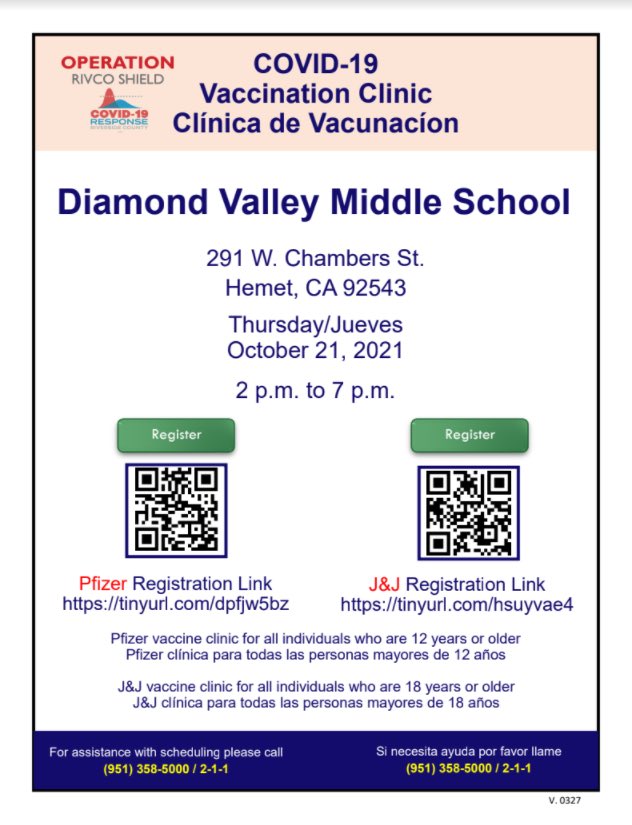 DiamondValleyMS's tweet photo. DVMS will be hosting a COVID-19 Vaccine Clinic tomorrow, October 21st from 2-7pm in our MPR. For those interested in signing up, please scan the QR code or use the link to register. #husdpremier https://t.co/KZ5rsImXln