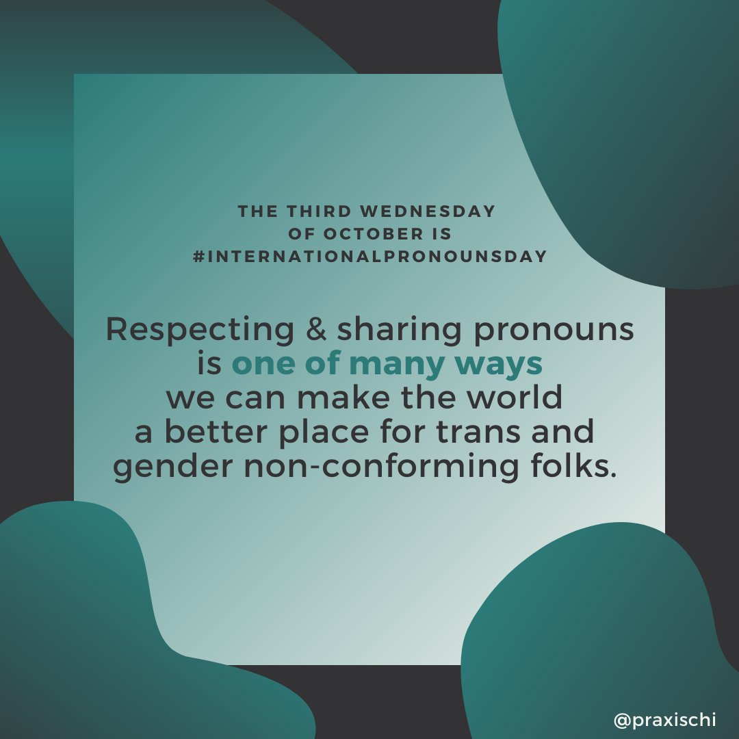 praxischi's tweet photo. The third Wednesday of October is #InternationalPronounsDay! Respecting &amp; sharing pronouns is one of many ways we can make the world a better place for trans and gender non-conforming folks. [1/10] #PronounsDay #MoreThanPronouns #TransLiberation [IDs in alt text] https://t.co/GzGeMw2hVD