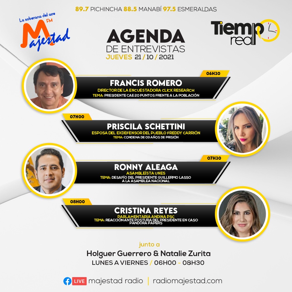 TiempoRealEC's tweet photo. 🟡#AgendaDeEntrevistas| Este 21 de octubre, en el programa #TiempoReal en @majestadradioio, analizaremos los hechos coyunturales que se generan a nivel nacional

Conéctate a partir de las 06h00

¡No te lo pierdas! https://t.co/do7Oj0L3mQ