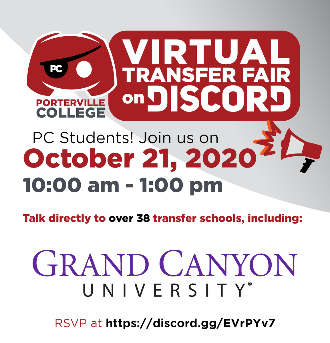 PCollegePirates's tweet image. PC Students! Learn about transferring to over 38 schools, including University of Phoenix, Grand Canyon University, Hawai&apos;i Pacific University, and National University, at the VIRTUAL Transfer Fair on Discord! Tomorrow from 10am to 1pm. Register today at discord.gg/EVrPYv7