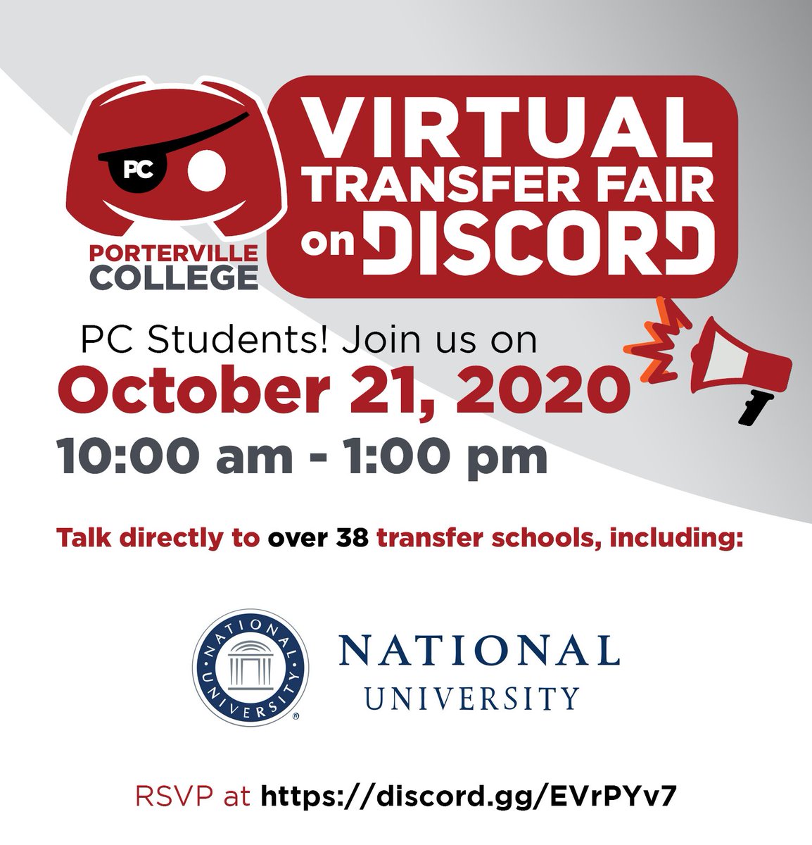 PCollegePirates's tweet image. PC Students! Learn about transferring to over 38 schools, including University of Phoenix, Grand Canyon University, Hawai&apos;i Pacific University, and National University, at the VIRTUAL Transfer Fair on Discord! Tomorrow from 10am to 1pm. Register today at discord.gg/EVrPYv7