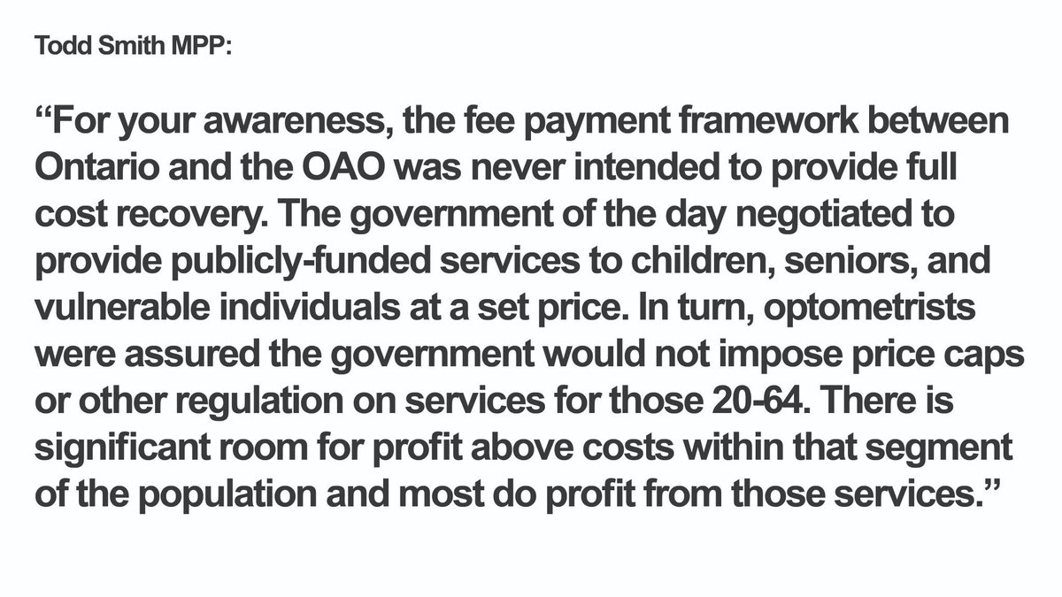 WELL, WELL, WELL. @ToddSmithPC, the same disc jockey whose inaction delayed the Ontario Autism Program for years admits that the govt intentionally underfunds OHIP eye exams expecting that other Ontarians overpay to compensate. From the desk of Smith: @saveeyecare #onpoli