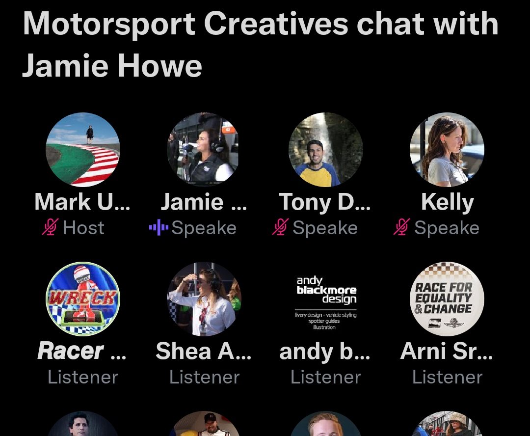 Racer_WRECK's tweet photo. Enjoying some Great insights from #JamieHowe on the Motorsports Creative #TwitterSpaces

Thank You for this @Reporterjamie 

@TwitterSpaces https://t.co/NB8Ytw38os