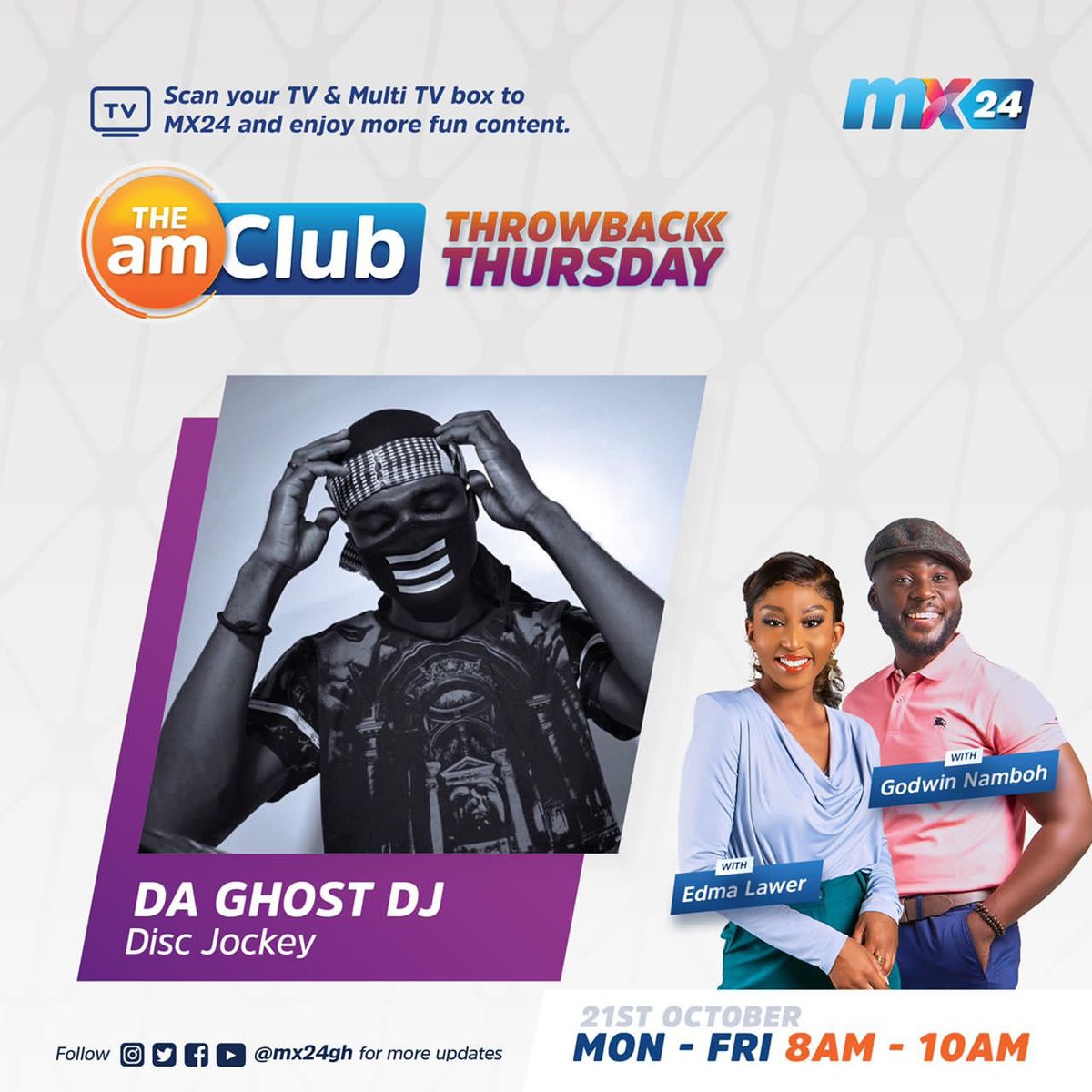 mx24gh's tweet photo. Thursdays are for Throwbacks, and we've got #DaGhostDJ bringing you litty throwback tunes🔥
Ready to put on your dancing shoes?
Tune in today at 8:00am on the #ThrowbackThursday segment of #TheAMClub
Don't miss a moment🙌
#mx24gh #funfearlessfactual https://t.co/BeO907KP8t