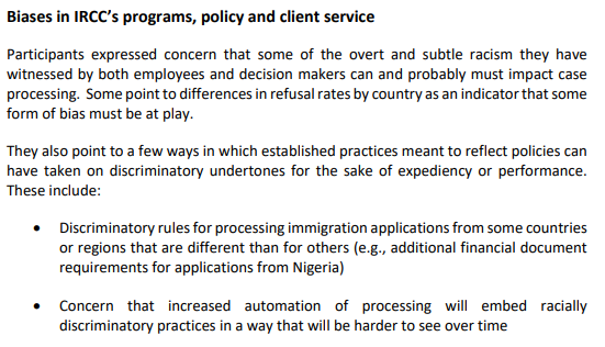 smeurrens's tweet photo. The Final Report of the IRCC Anti-Racism Employee Focus Group indicates that some employees believe that "overt and subtle racism they have witnessed by both employees and decision makers can and probably must impact case processing." https://t.co/WlrTtNLGjd https://t.co/4k7As3uv1b