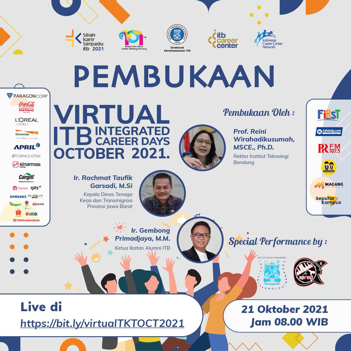 ITBCareerCenter's tweet photo. [VIRTUAL ITB INTEGRATED CAREER DAYS OCTOBER 2021]

Pembukaan Virtual ITB Integrated Career Days October 2021
Kamis, 21 Oktober 2021 pukul 08.00
Live di : https://t.co/GjYHuqJZmq

Jangan lewatkan acara pembukannya ya!
Sampai jumpa.

#itbcc #kegiatanitbcc #jobfairITB #bursakerjaITB https://t.co/LBFHouEUQw