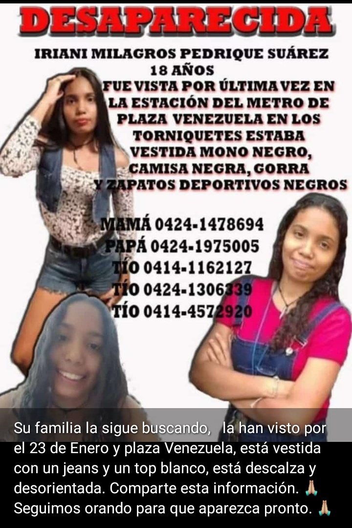 kisverli's tweet photo. #irianidesaparecida 🙏🏻 por favor ayudemos a su familia compartiendo esta información, hasta encontrarla 🙏🏻 dios te permita regresar a tu hogar sana y salva 🙌 https://t.co/mKXxpFwW2O