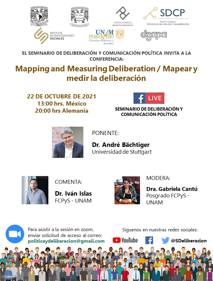 SDeliberacion's tweet photo. Viernes 22 de octubre, 13:00 hrs. Mapear y medir la deliberación a cargo del Dr. André Bächtinger de la Universidad de Stuttgar.
Sigan la transmisión en vivo a través de las página de FB.
Si desean asistir al evento en la sala zoom, envíen correo a politicaydeliberacion@gmail.com https://t.co/UH8QP6hf9s