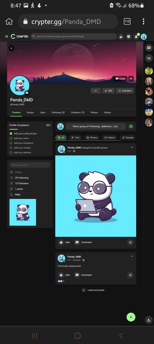 panda_dmd's tweet photo. https://t.co/HPQ6FVrRmz profile looking awesome!! ๐ FB like experience but made for crypto enthusiast!! Those with huge following will enjoy engage to earn soon @CrypterOfficial @cryptobri_ #Crypter #FacebookForCrypto #SoonEngageToEarn https://t.co/2w0U9tEFU4