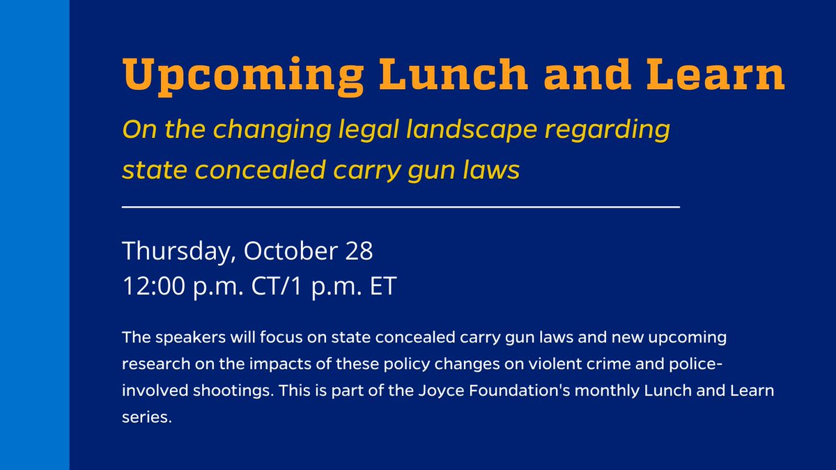 JH Center for Gun Violence Prevention & Policy (@jhu_gvp) on Twitter photo On Thurs, 10/28, <a href="/DrCrifasi/">Cassandra Crifasi</a>, @admccourt, and <a href="/ML_Doucette/">Mitch Doucette, PhD</a> will be participating in <a href="/JoyceFdn/">The Joyce Foundation</a>'s monthly Lunch and Learn series discussing the changing legal landscape regarding state concealed carry gun laws. Register now ā”ļø eventbrite.com/e/the-changing⦠On Thurs, 10/28, <a href="/DrCrifasi/">Cassandra Crifasi</a>, @admccourt, and <a href="/ML_Doucette/">Mitch Doucette, PhD</a> will be participating in <a href="/JoyceFdn/">The Joyce Foundation</a>'s monthly Lunch and Learn series discussing the changing legal landscape regarding state concealed carry gun laws. Register now ā”ļø eventbrite.com/e/the-changingā¦