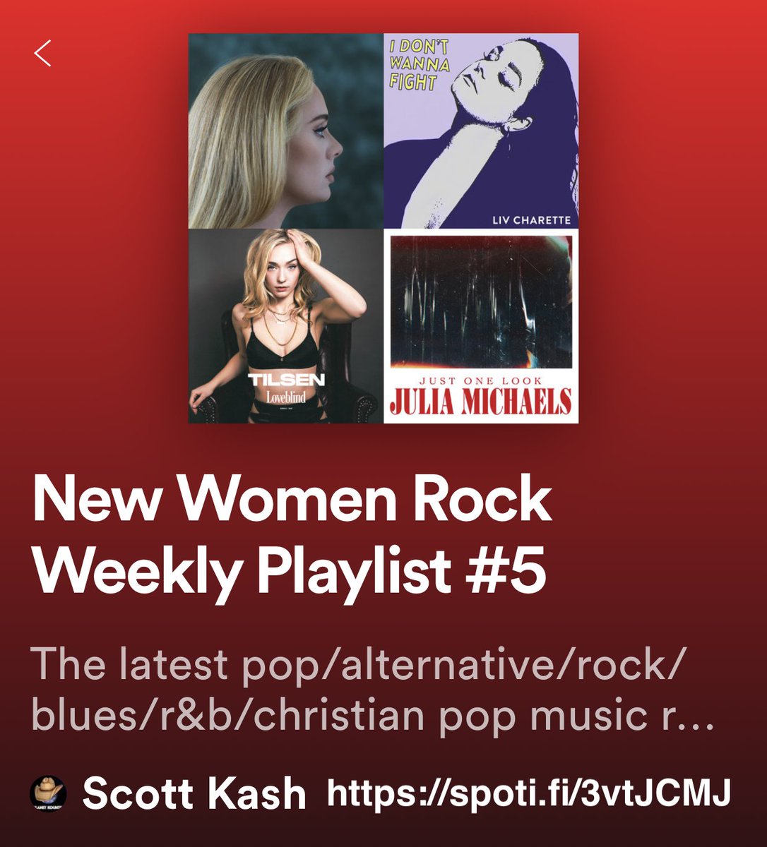 Scott Kash (@scottkash88) on Twitter photo Here’s the new #WomenRock on #NewMusicFriday playlist for the new pop/alt/rock releases from last week by
<a href="/RachelLynnSings/">Rachel Lynn</a>
<a href="/Imabbyrobertson/">Abby Robertson</a>
<a href="/IonaJames19/">Iona James - Together Apart Out Now! ❤️</a> & <a href="/ClintSlate/">Clint Slate - The Doubter's Dance EP OUT NOW!</a>
<a href="/chelseacutler/">chelsea cutler</a>
<a href="/evasnyder/">eva</a> & #CaseyHamilton
PLUS MORE
#Spotify
spoti.fi/3vtJCMJ
#NewMusicRelease Here’s the new #WomenRock on #NewMusicFriday playlist for the new pop/alt/rock releases from last week by
<a href="/RachelLynnSings/">Rachel Lynn</a>
<a href="/Imabbyrobertson/">Abby Robertson</a>
<a href="/IonaJames19/">Iona James - Together Apart Out Now! ❤️</a> & <a href="/ClintSlate/">Clint Slate - The Doubter's Dance EP OUT NOW!</a>
<a href="/chelseacutler/">chelsea cutler</a>
<a href="/evasnyder/">eva</a> & #CaseyHamilton
PLUS MORE
#Spotify
spoti.fi/3vtJCMJ
#NewMusicRelease