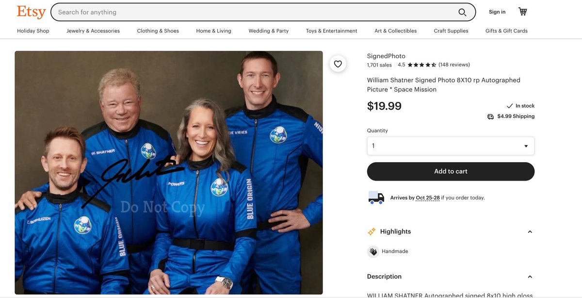 WilliamShatner's tweet photo. Hey @Etsy none of these items are authorized nor did I sign any of these photos- they are all forgeries. I haven’t signed any Blue Origin photos at all so if someone is selling a signed Blue Origin photo- I guarantee it’s fake. Thought you would have policed your site better! 🤷🏼‍♂️ https://t.co/XRo7BGxOd3