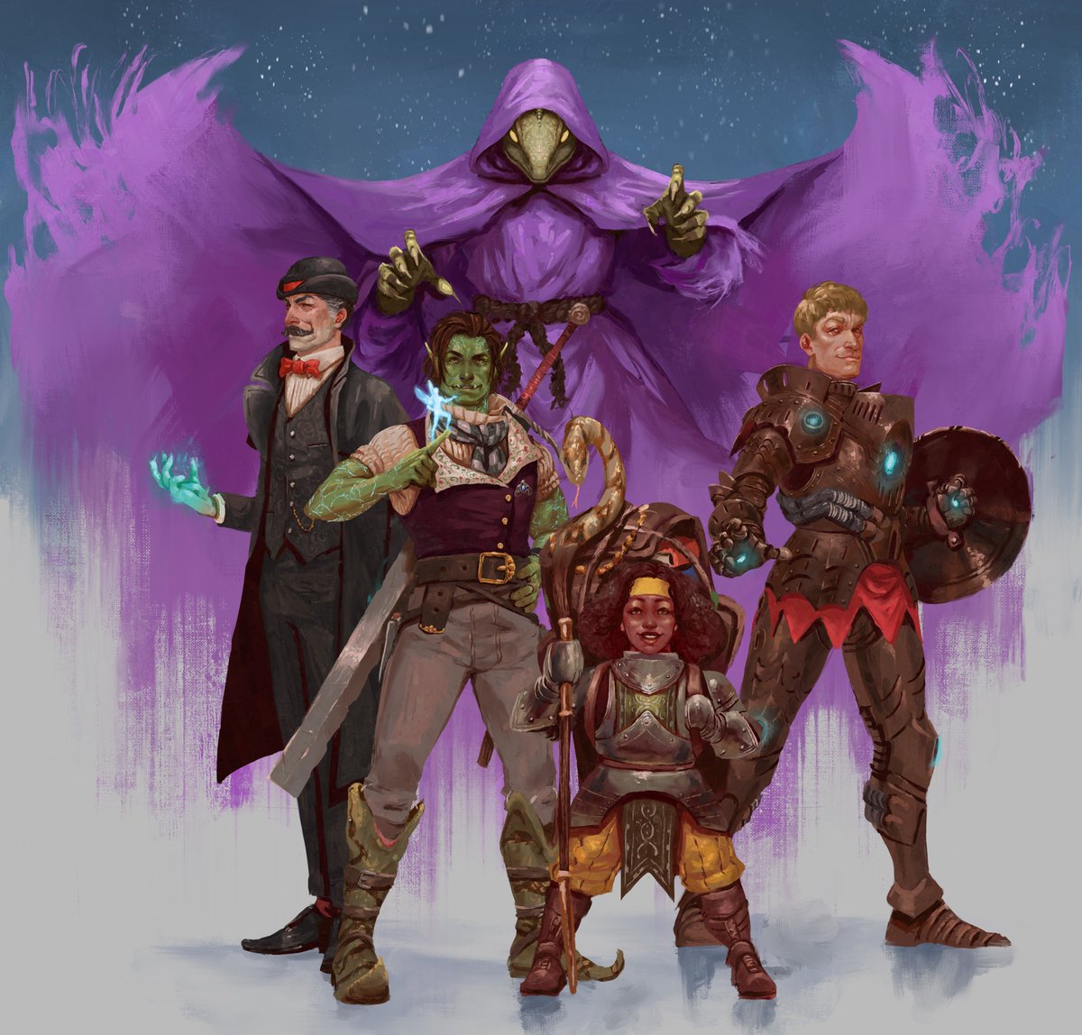 The official portrait of Venarian Order Team R. Brim Spellsling, Peregrin Talford, Betty Redburro and Tony Spark. Art by alex.d.illustration #DnDcharacter #dnd5e #characterart #ttrpgart #dnd
