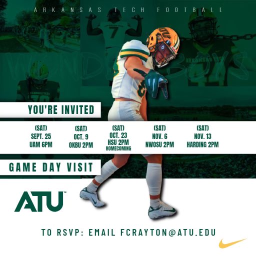 westonPrice8's tweet photo. I’m exited to see what the Wonder Boys are all about. Thank you @R_Trevathan for the game invite to Arkansas Tech. Looking forward to being on the sideline soon. @thadisp @coachlatimore @LaineSambrooks https://t.co/4ORxQbkzX6