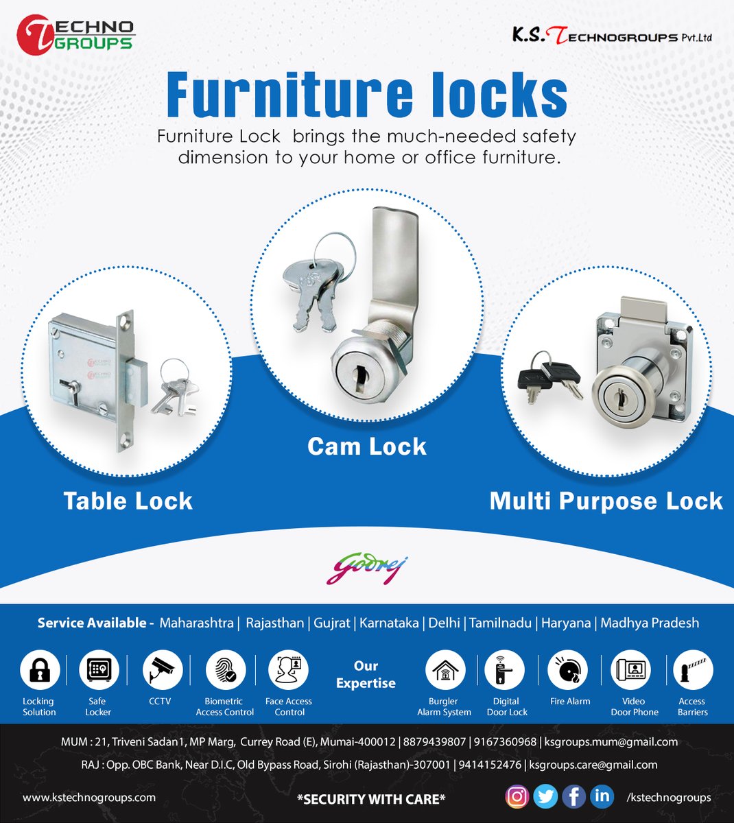 We provide #GodrejLocks for Furniture & Homes. Call @ 8879439807 / 9167360968 
#kstechnogroups #security #securitysystem #securityservices #securitywithcare @mhtjain @sjp52476 #locks #lockingsolutions #doorlocks #furniturelocks