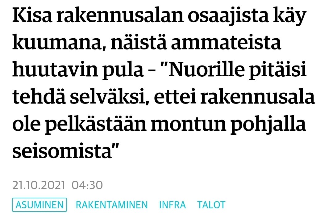 TuominenPanu's tweet photo. Osaajapula on akuutti, joskaan ei uusi. Otsikkoon tekee mieli huomauttaa, että se "montun pohjalla seisova" voi olla tärkein henkilö ko. mestalla joka ohjaa kaivurikuskia ja muita työntekijöitä. Ns. perämiehistä on nimittäin #infra alalla kovin pula. #lapio #perämies #monttuauki https://t.co/tNU5NnMHUp
