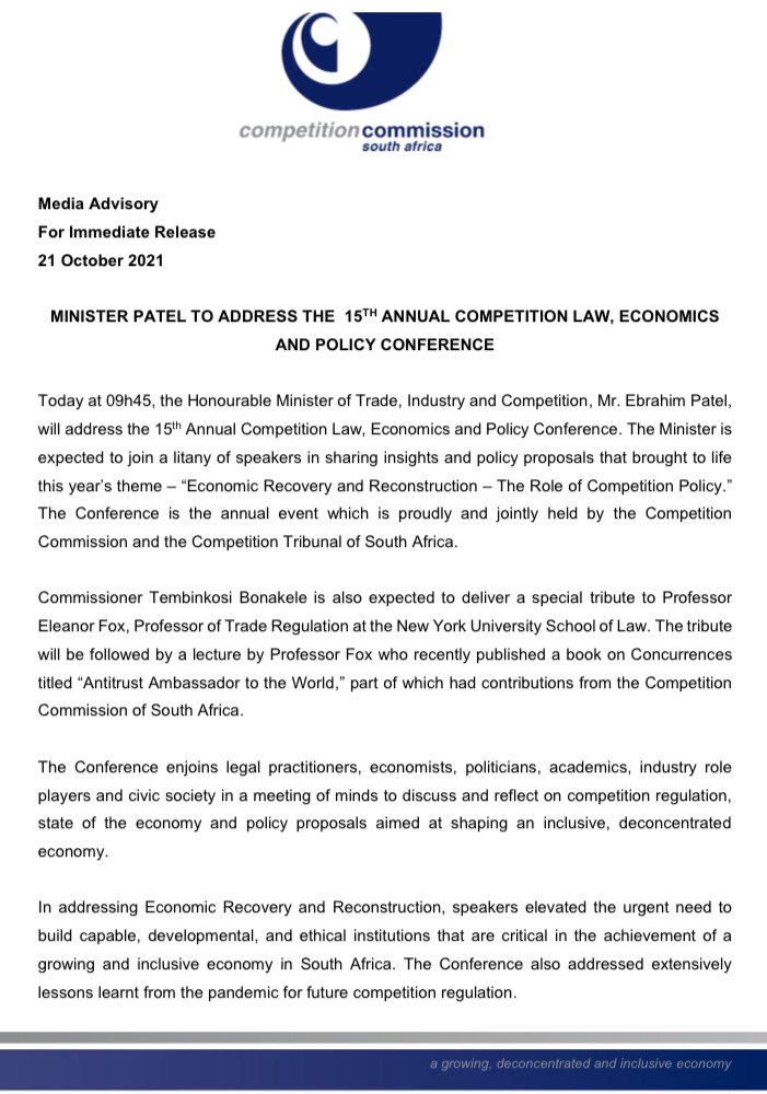 CompComSA's tweet photo. Media Advisory: Minister Patel to address the 15th Annual Competition Law, Economics and Policy Conference 

#15AnnualCompetitionConference #EconomicRecovery #EconomicReconstruction #CompetitionPolicy https://t.co/nCDjU11aJJ