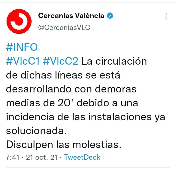 anatek's tweet photo. @CercaniasVLC A las 7:41h la excusa... https://t.co/XGXwSI2BC4