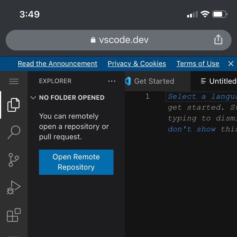 iggby's tweet photo. The new https://t.co/arZUSYhOYr is super awesome! Being presented with vscode in a browser with no download, you can start coding right away! https://t.co/ExtmNFMqpH