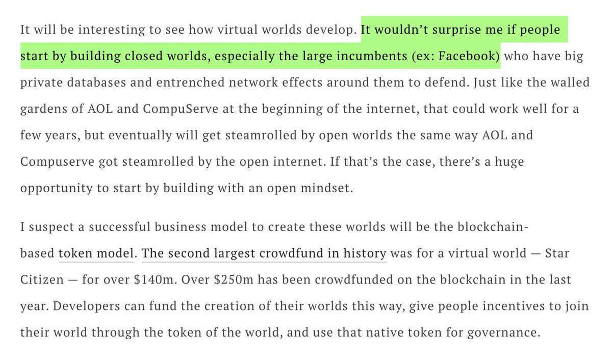 FEhrsam's tweet photo. Closed intranets (e.g. AOL and MSN) lost to the open internet. The same will happen with closed vs open virtual worlds.

From a 2017 post: https://t.co/OolrP69MqH https://t.co/K05yGAM8il