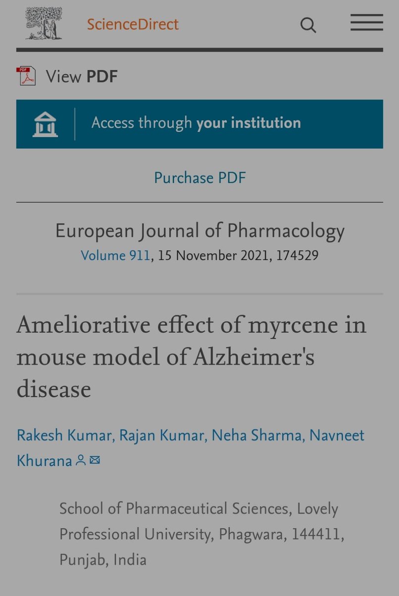 School of Pharmaceutical sciences, LPU feels great to share that article of Dr. Navneet Khurana, Ms. Neha Sharma, Dr. Rajan Kumar and his team on " Ameliorative effect of myrcene in mouse model of Alzheimer's disease" is published in prestigious European Journal of Pharmacology
